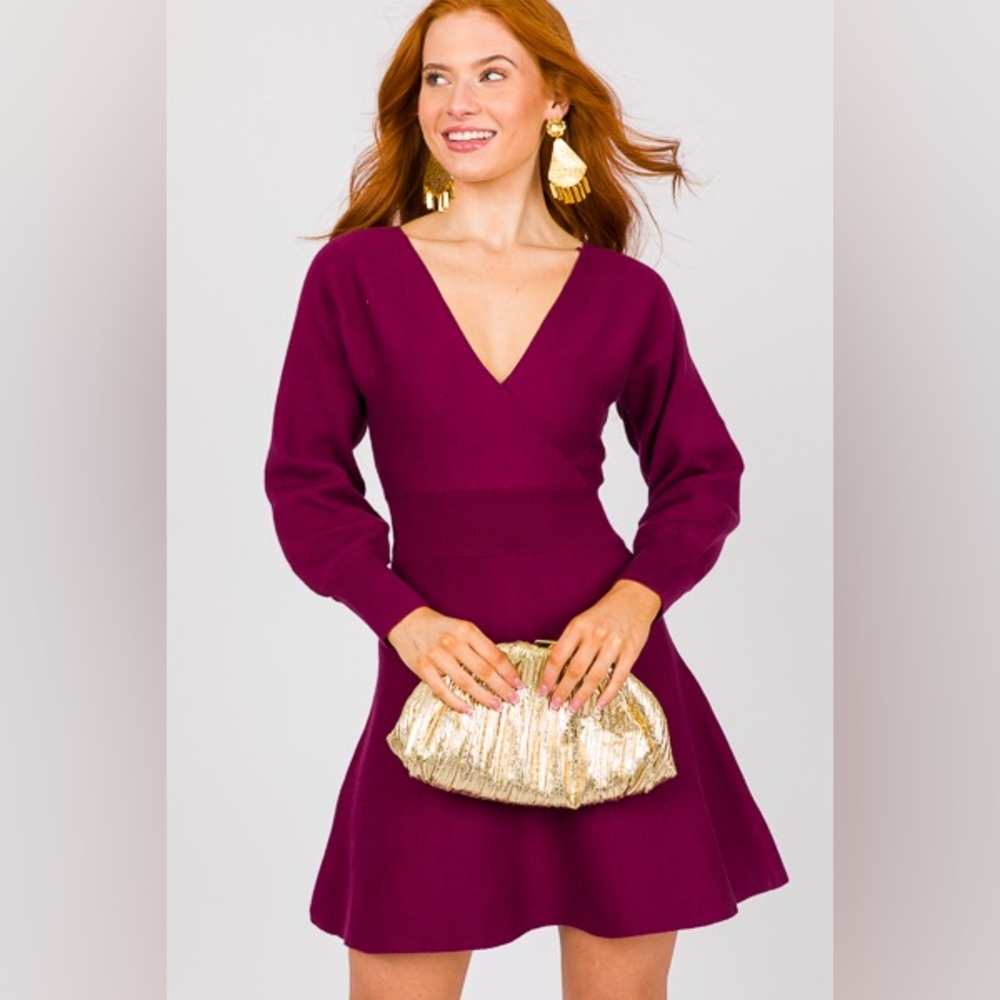 Lush Deep Purple V-Neck Long Sleeve Dress A line Medium